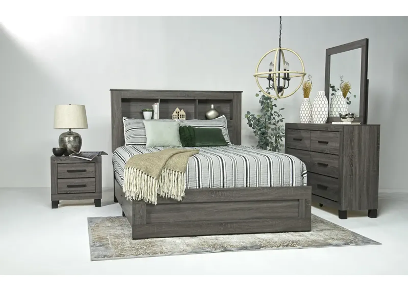 Naialyn Bookcase Bed w/ Storage, Dresser, Mirror & Nightstand in Gray, Queen