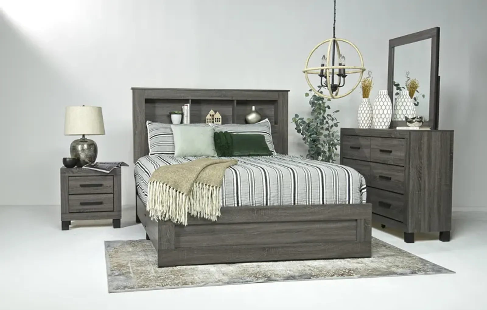 Naialyn Bookcase Bed w/ Storage, Dresser, Mirror & Nightstand in Gray, Queen