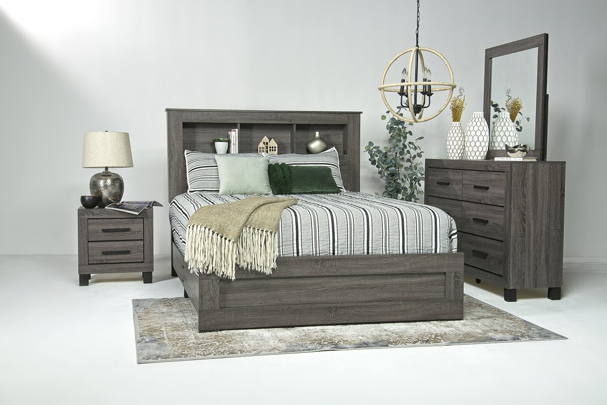 Naialyn Bookcase Bed w/ Storage, Dresser, Mirror & Nightstand in Gray, Queen