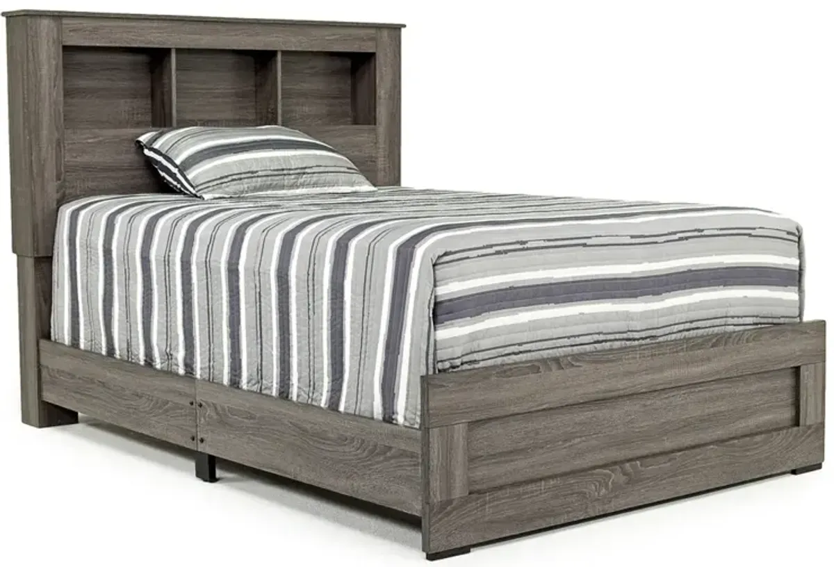 Naialyn Bookcase Bed w/ Storage, Dresser, Mirror & Nightstand in Gray, Full