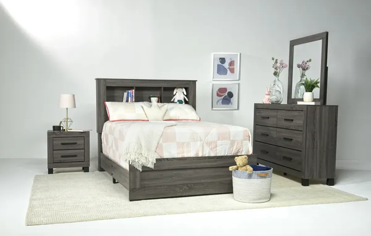 Naialyn Bookcase Bed w/ Storage, Dresser, Mirror & Nightstand in Gray, Full