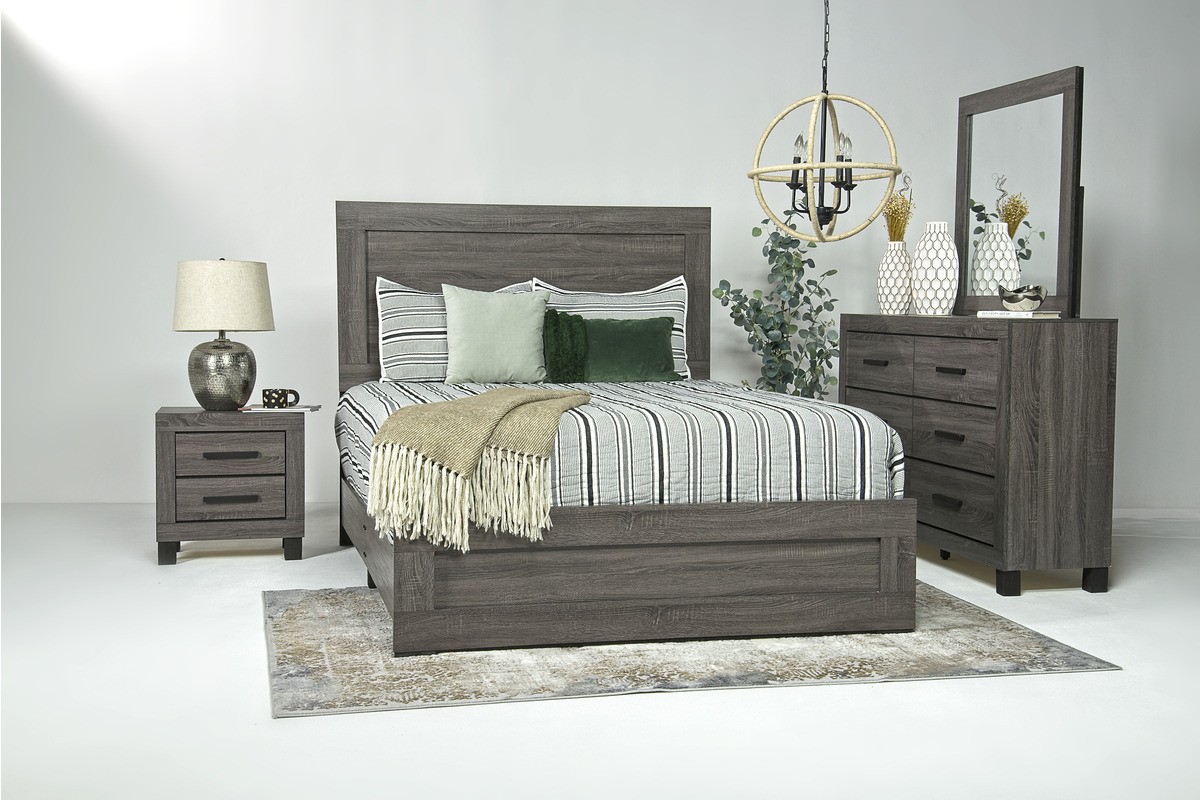 Naialyn Panel Bed, Dresser, Mirror & Nightstand in Gray, Queen