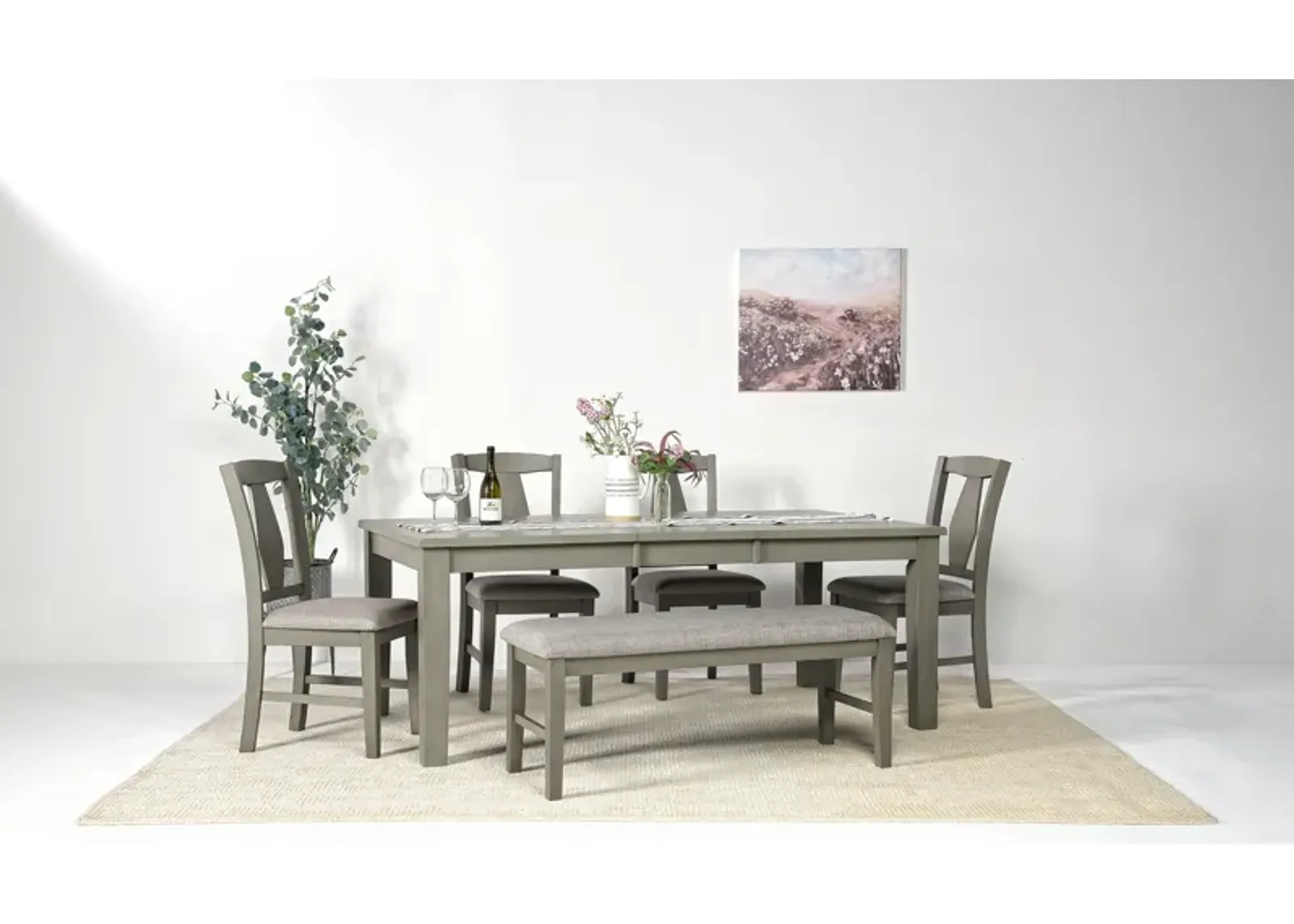 Napa Extendable Dining Table, 4 Chairs & Bench in Gray