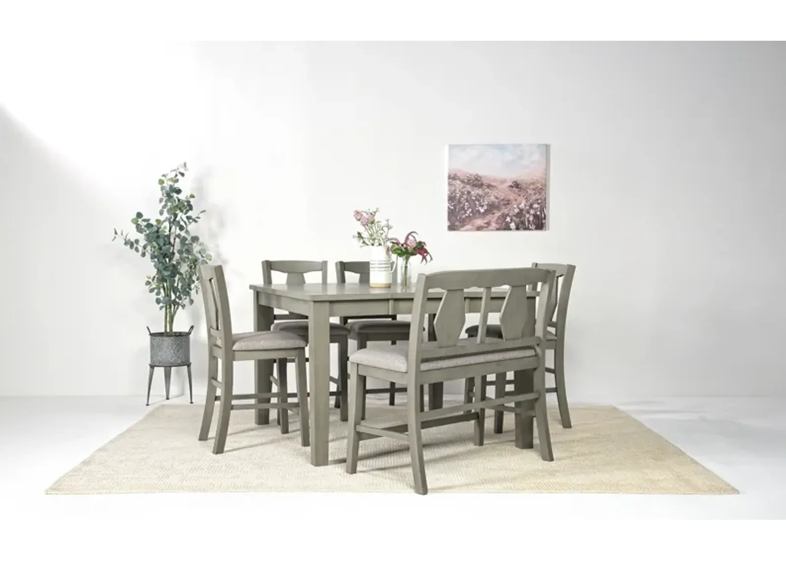 Napa Counter Height Extendable Dining Table, 4 Stools & Bench in Gray