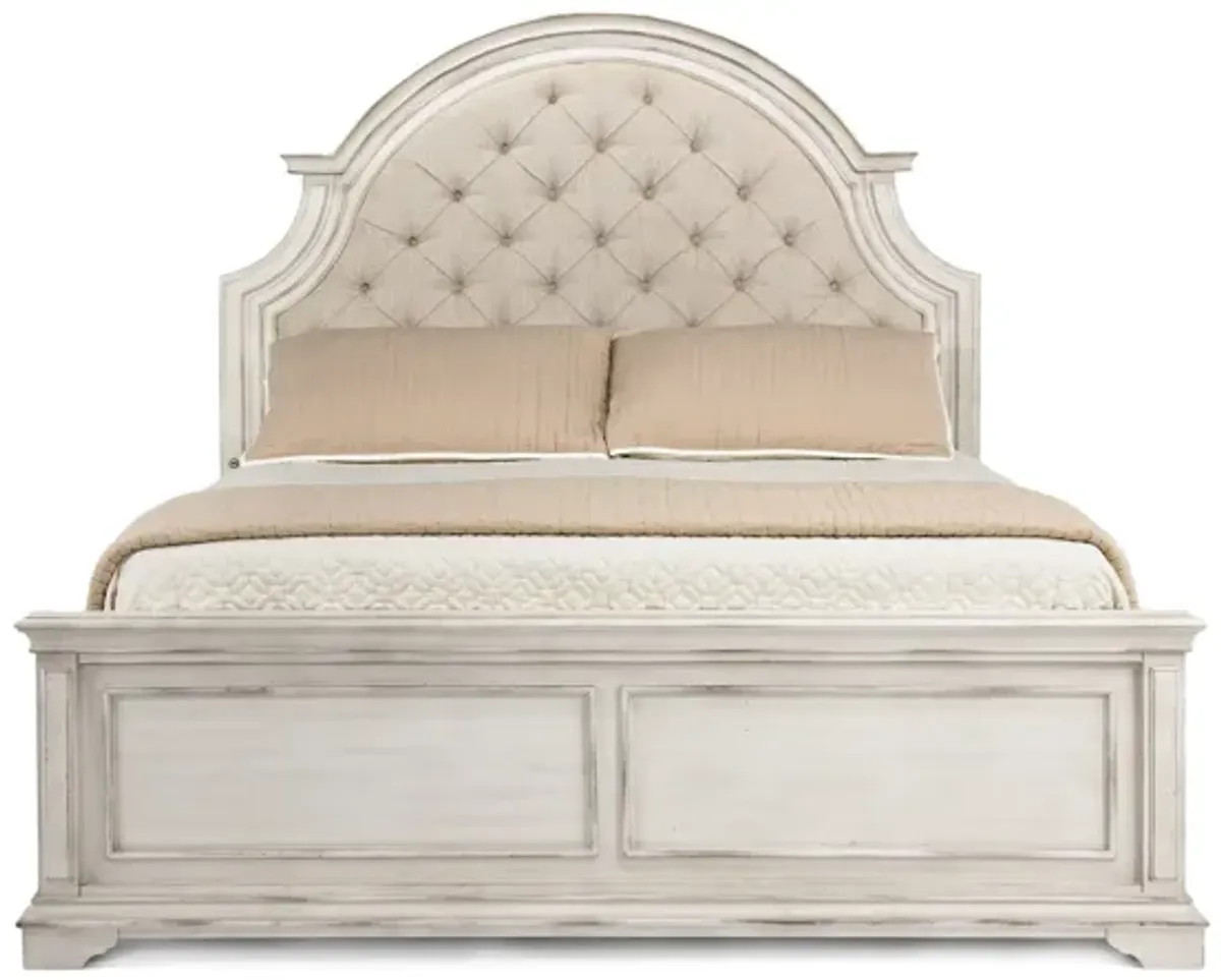Anastasia Upholstered Panel Bed, Dresser & Mirror in Antique Bisque, Eastern King