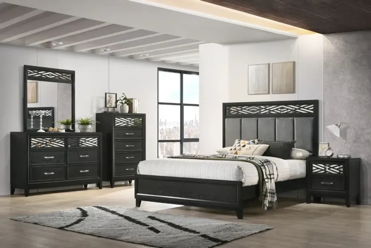 Obsidian Panel Bed, Dresser, Mirror & Nightstand in Black, Queen