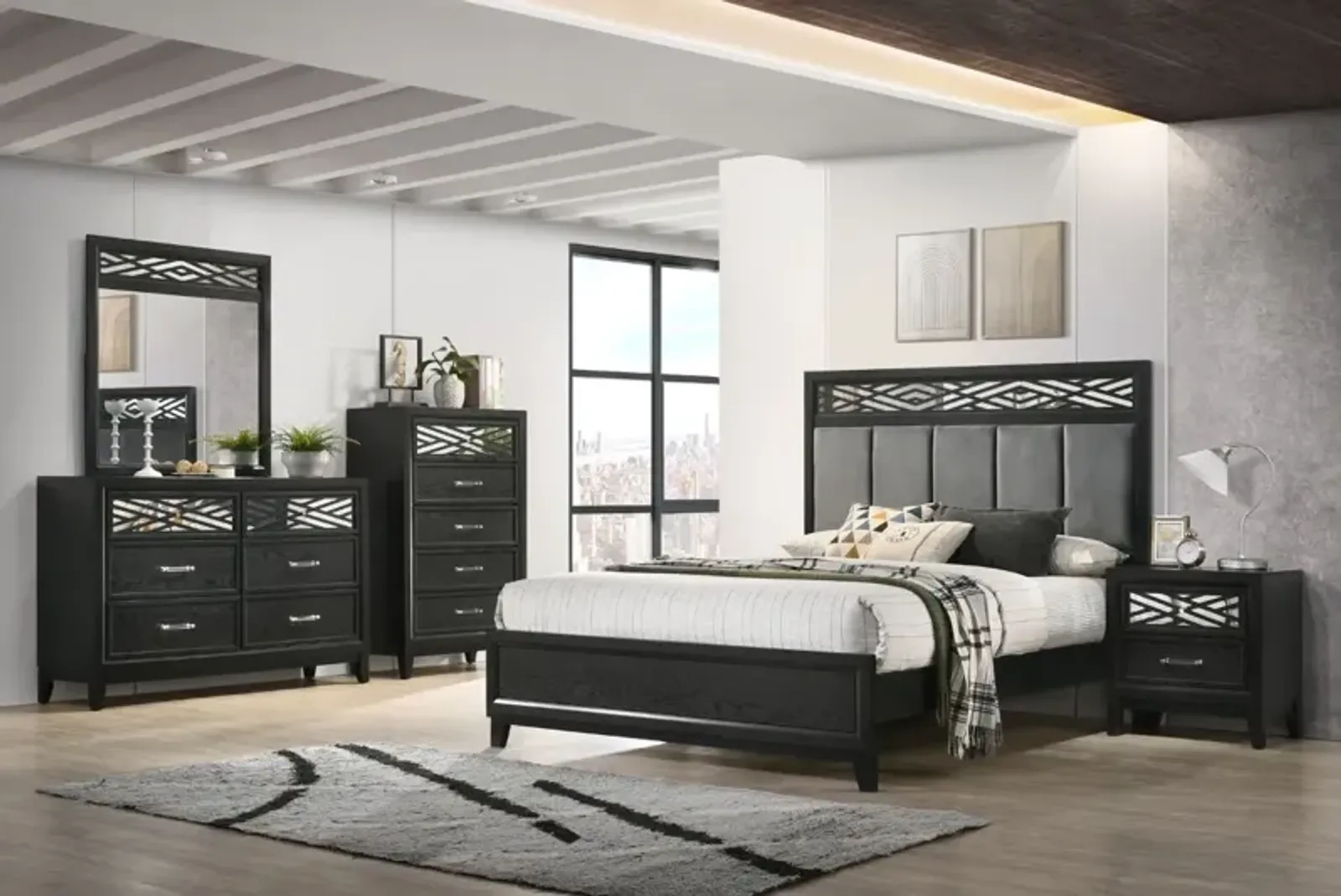 Obsidian Panel Bed, Dresser, Mirror & Nightstand in Black, Queen