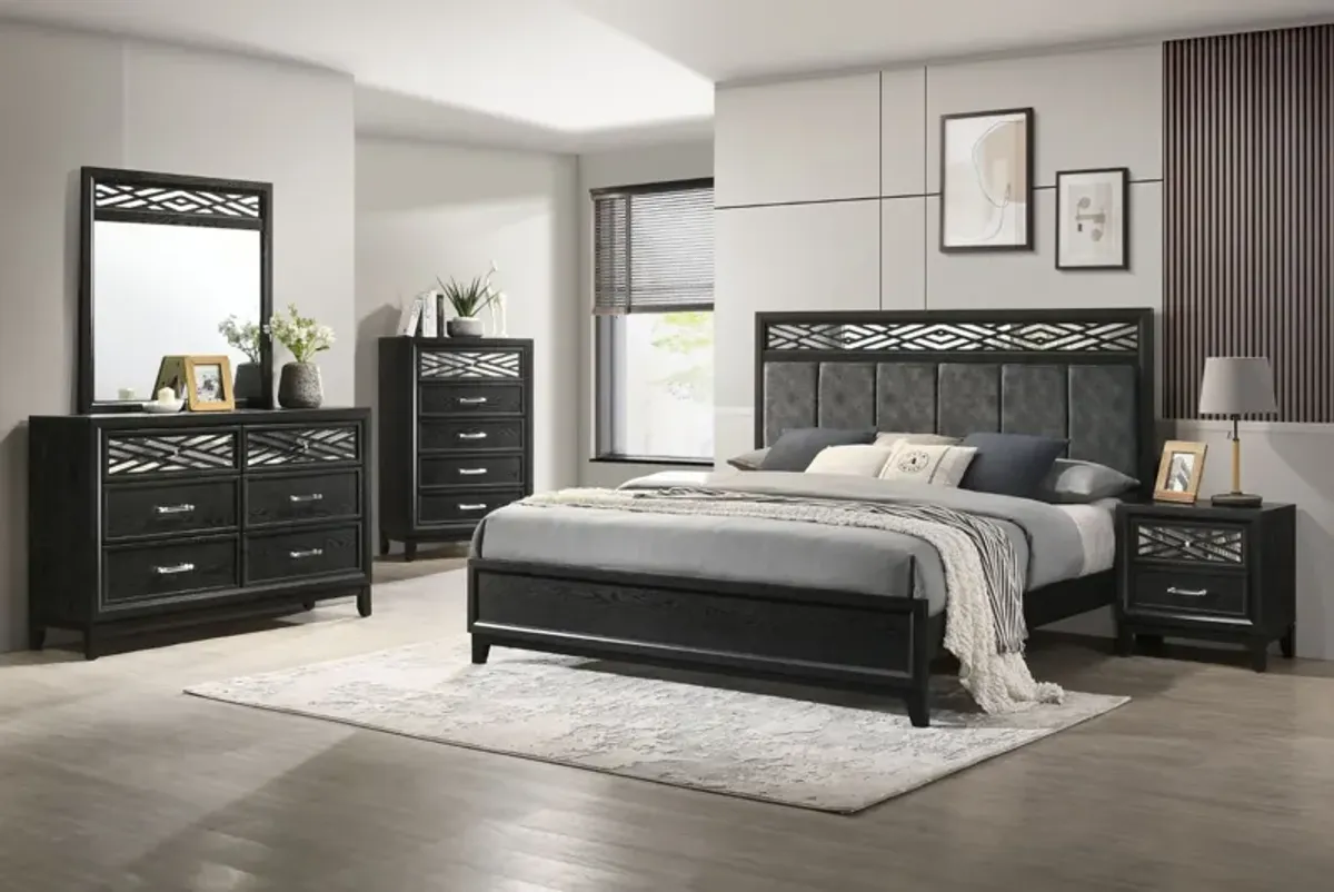 Obsidian Panel Bed, Dresser, Mirror & Nightstand in Black, CA King