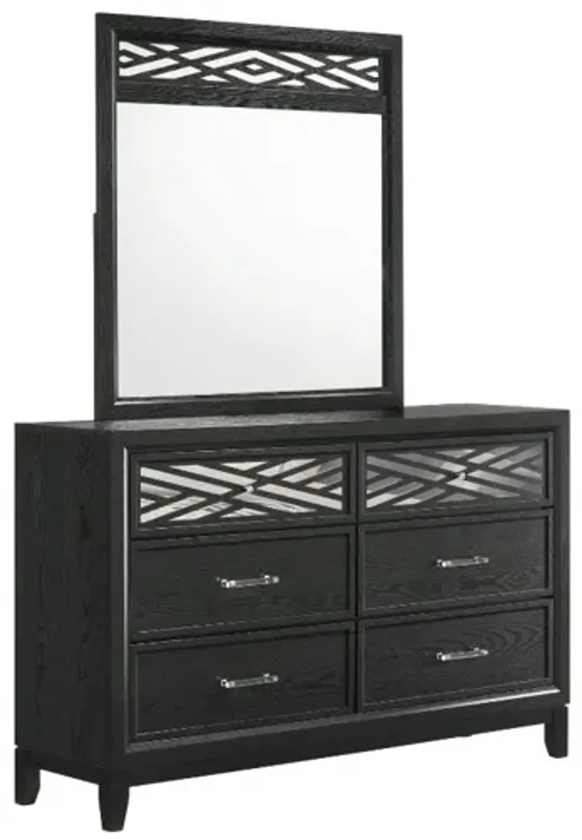 Obsidian Panel Bed, Dresser, Mirror & Nightstand in Black, Eastern King