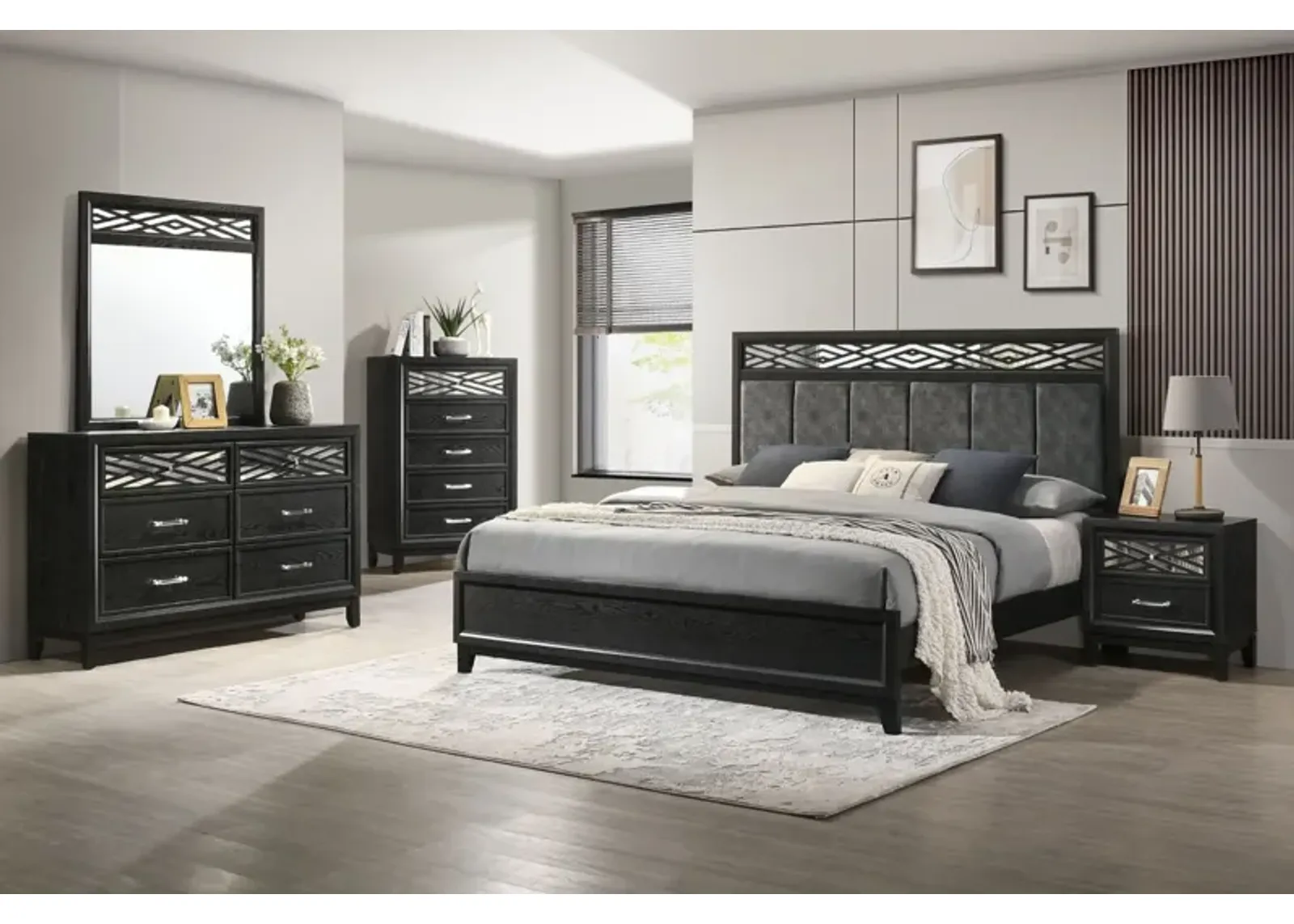 Obsidian Panel Bed, Dresser, Mirror & Nightstand in Black, Eastern King