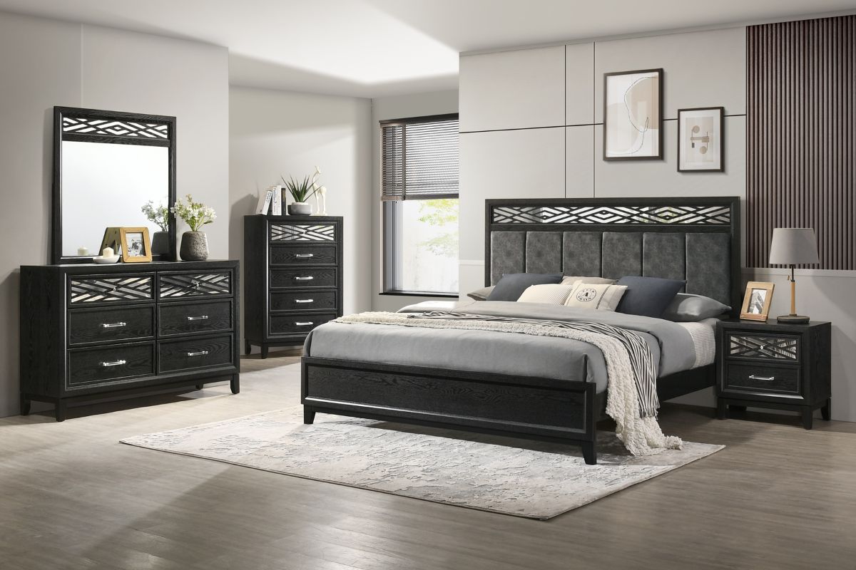 Obsidian Panel Bed, Dresser, Mirror & Nightstand in Black, Eastern King