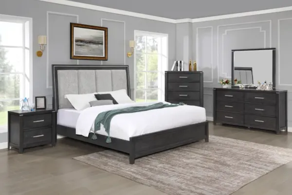 Odessa Panel Bed, Dresser, Mirror & Nightstand in Charcoal, CA King