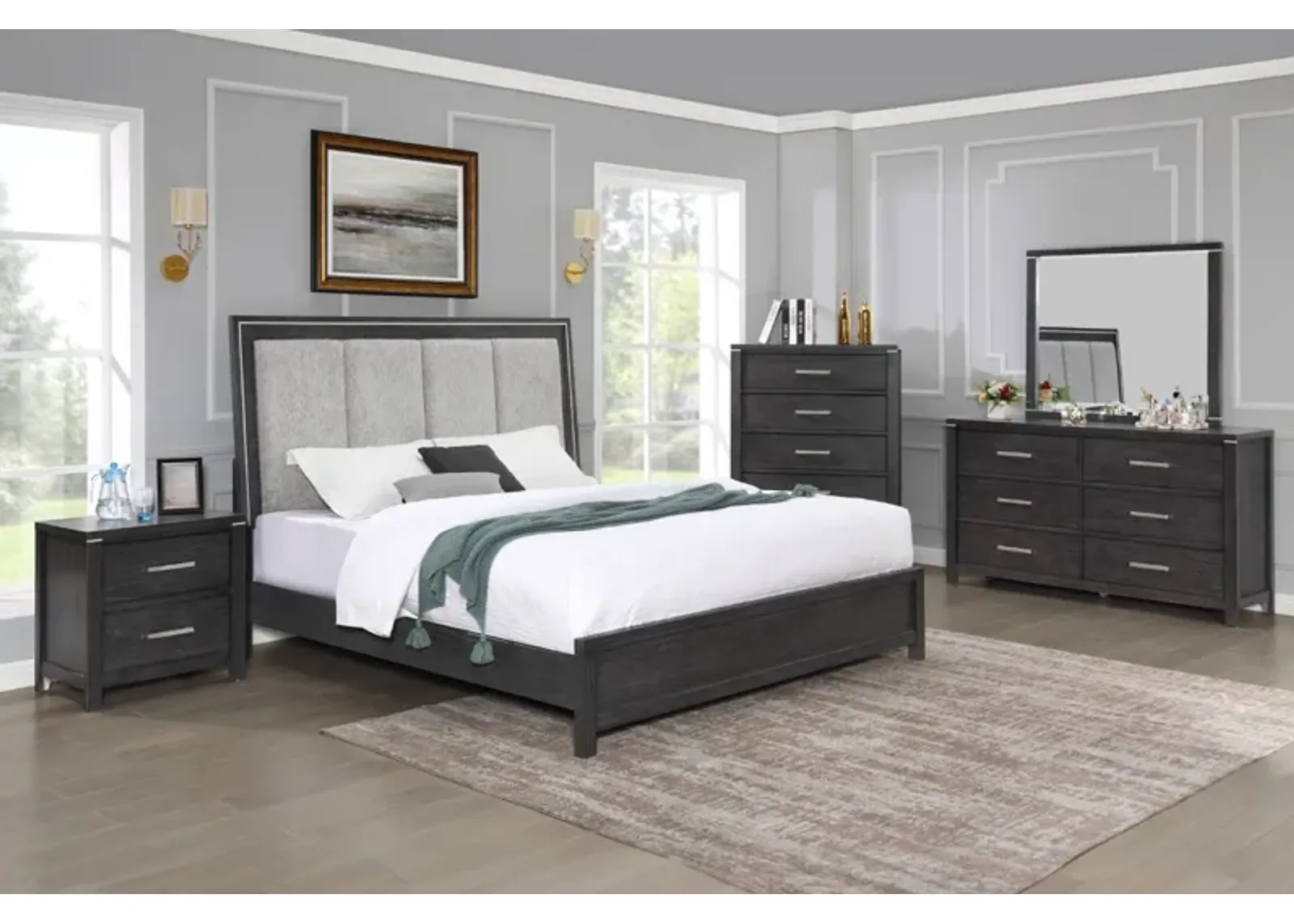 Odessa Panel Bed, Dresser, Mirror & Nightstand in Charcoal, Eastern King