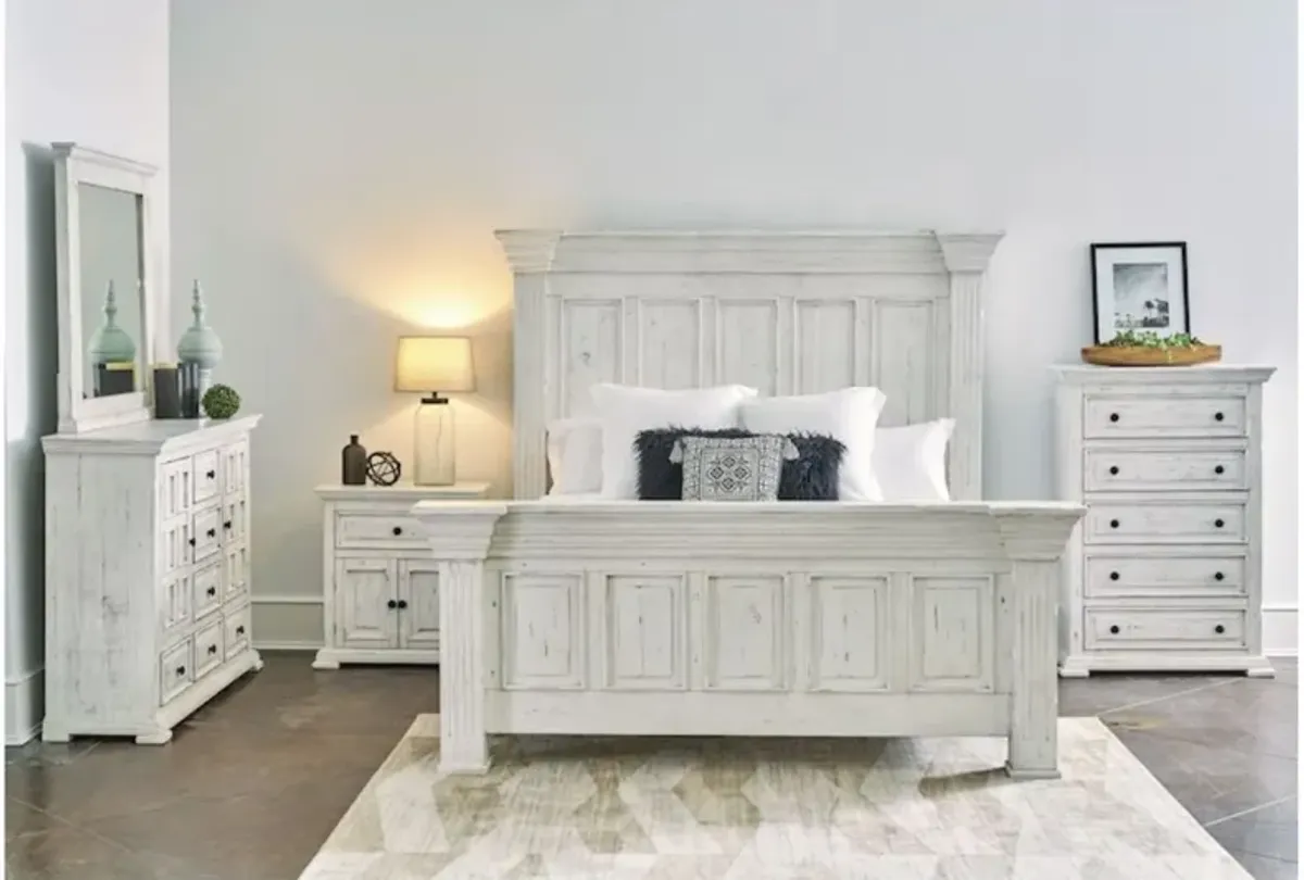 Olivia Panel Bed, Dresser, Mirror, Nightstand & Chest in White, Queen