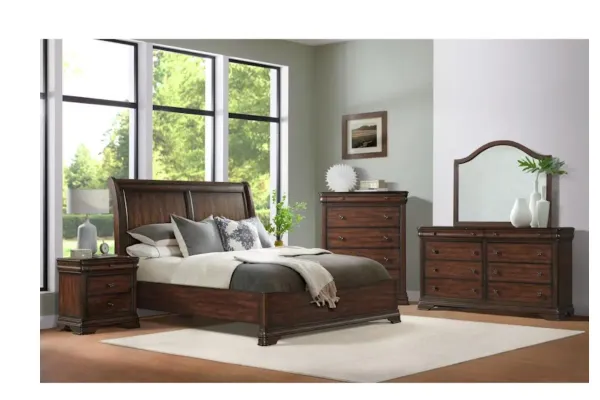 Phillipe Sleigh Bed, Dresser, Mirror & Nightstand in Cherry, Queen