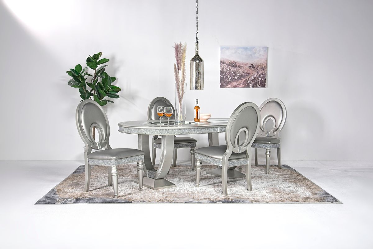 Posh Extendable Oval Dining Table & 4 Chairs in Platinum