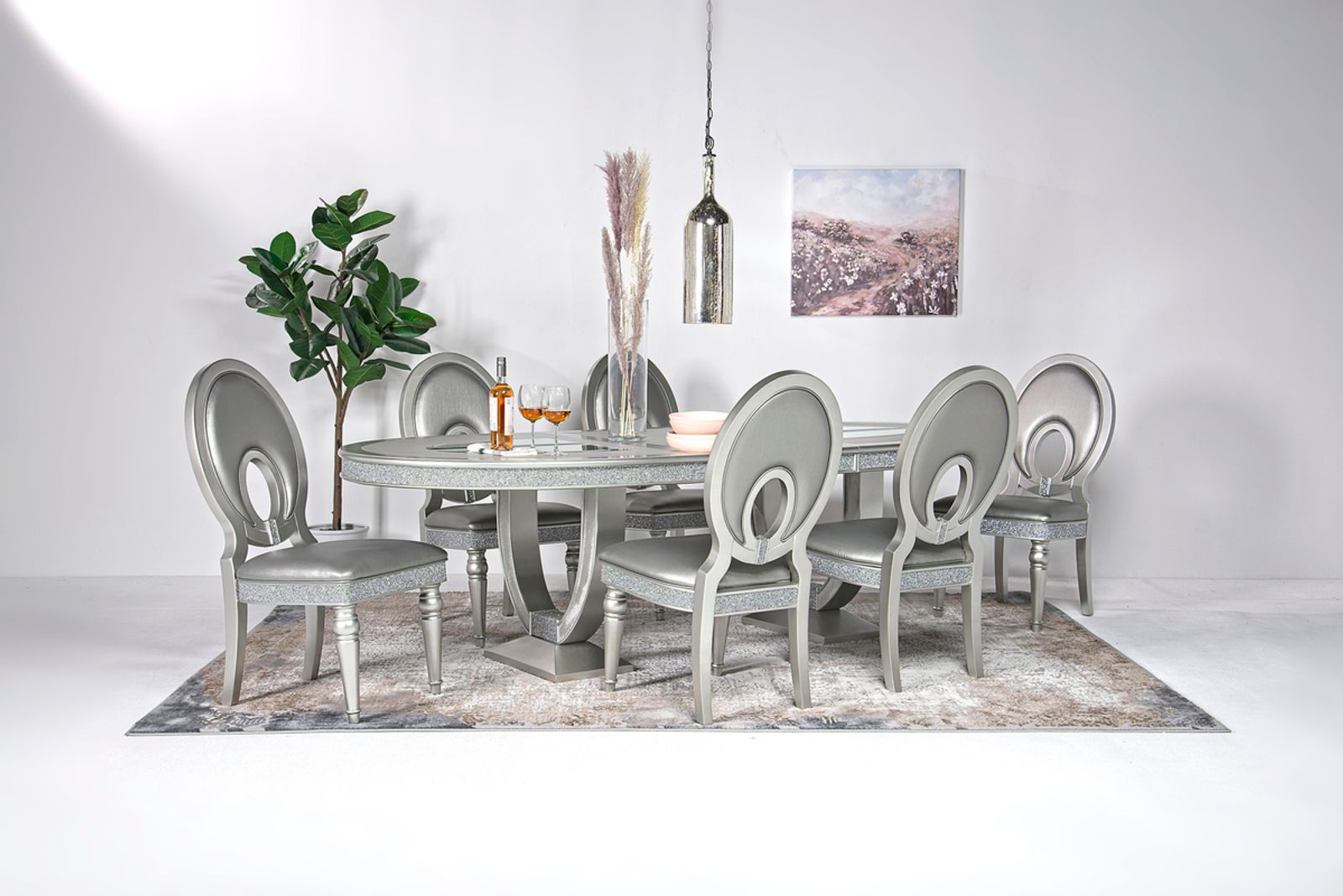 Posh Extendable Oval Dining Table & 6 Chairs in Platinum