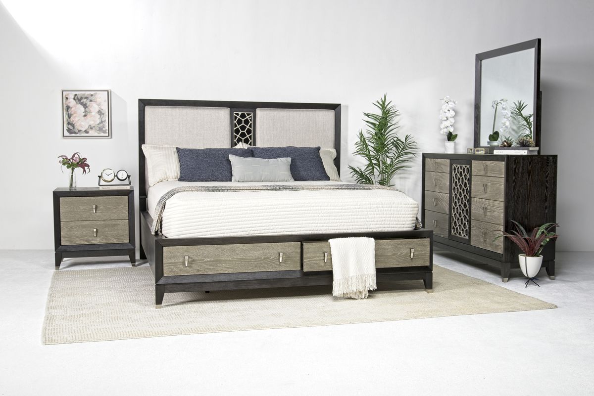 Proximity Panel Bed w/ Storage, Dresser & Mirror in Gray Oak, CA King