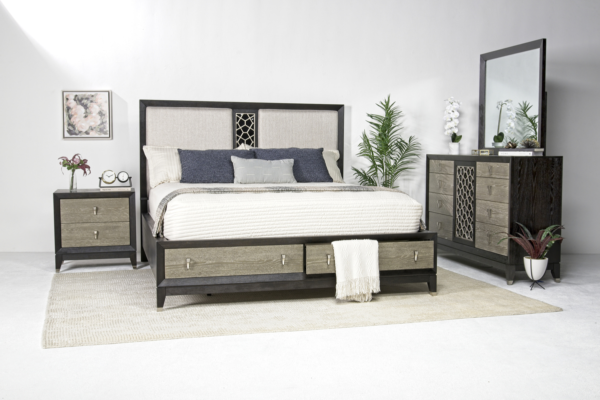 Proximity Panel Bed w/ Storage, Dresser & Mirror in Gray Oak, CA King