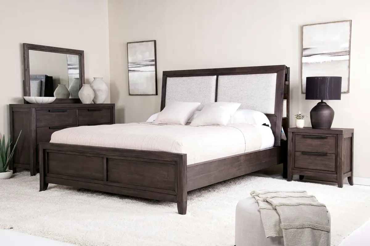 Riley Bookcase Bed, Dresser, Mirror & Nightstand in Carbonite, Eastern King