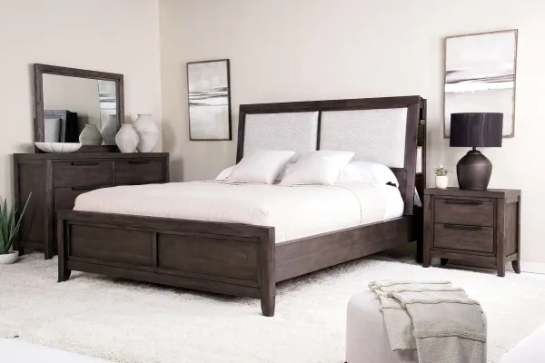 Riley Bookcase Bed, Dresser, Mirror & Nightstand in Carbonite, Eastern King