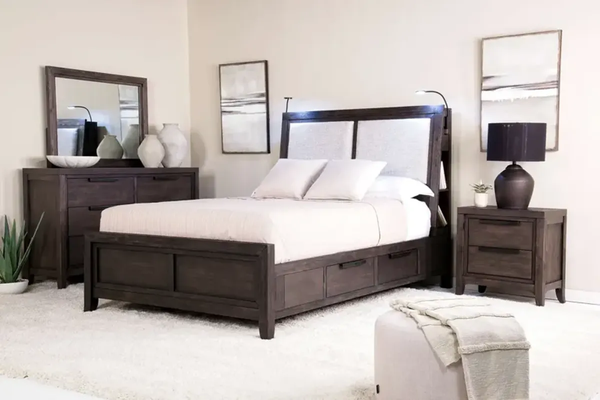 Riley Bookcase Bed w/ Storage, Dresser, Mirror & Nightstand in Carbonite, Queen