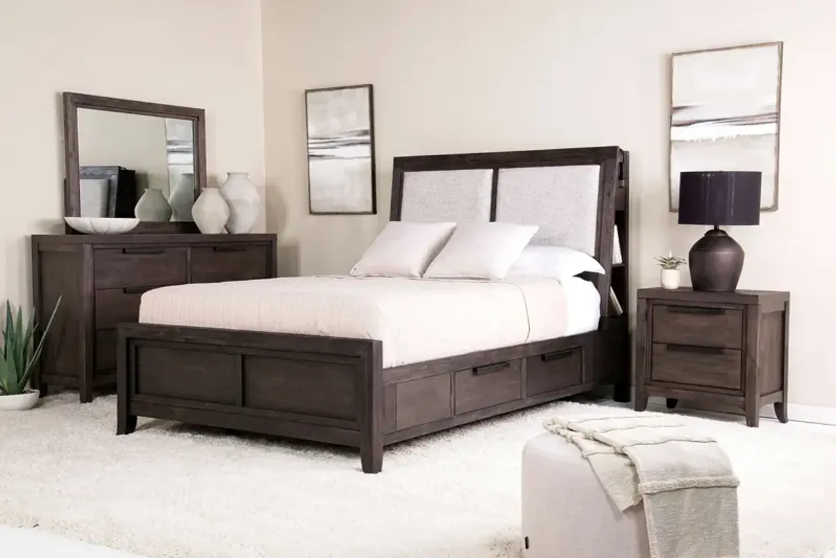 Riley Bookcase Bed w/ Storage, Dresser, Mirror & Nightstand in Carbonite, Queen