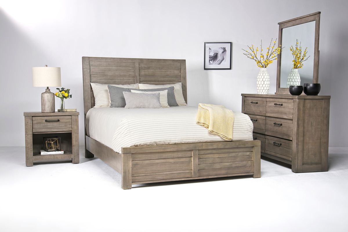 Ruff Hewn Panel Bed, Dresser, Mirror & Nightstand in Gray, Queen