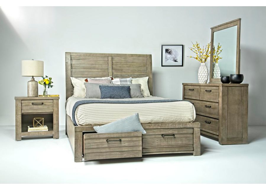 Ruff Hewn Panel Bed w/ Storage, Dresser, Mirror & Nightstand in Gray, Eastern King