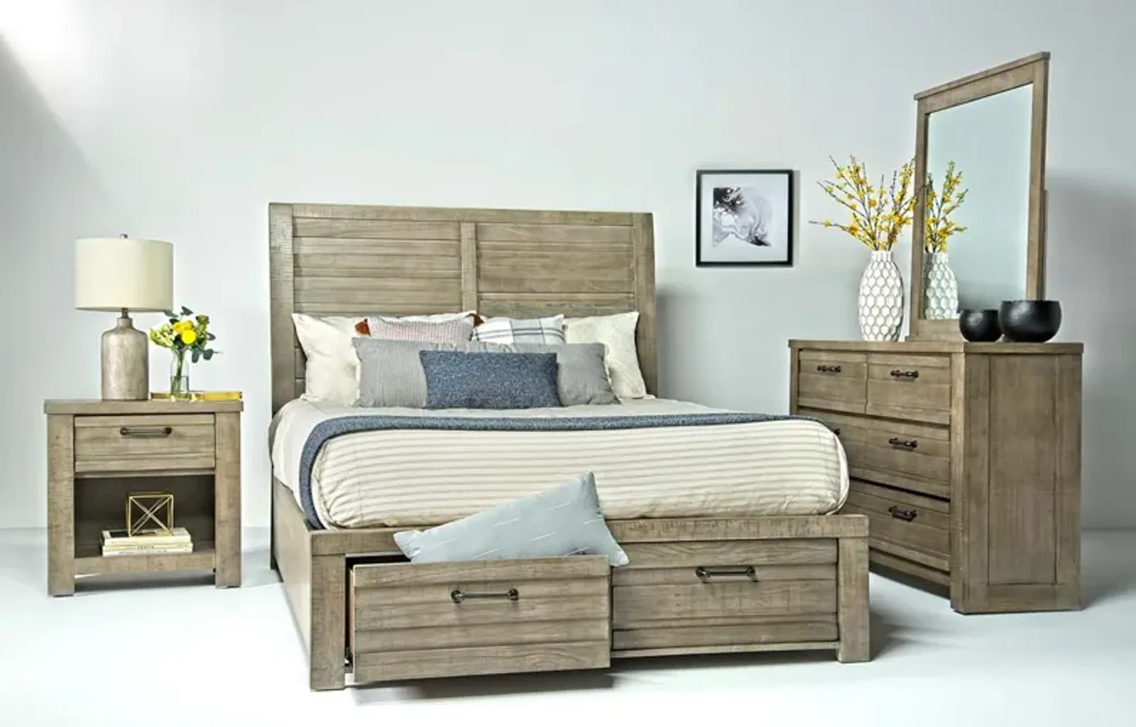 Ruff Hewn Panel Bed w/ Storage, Dresser & Mirror in Gray, Eastern King