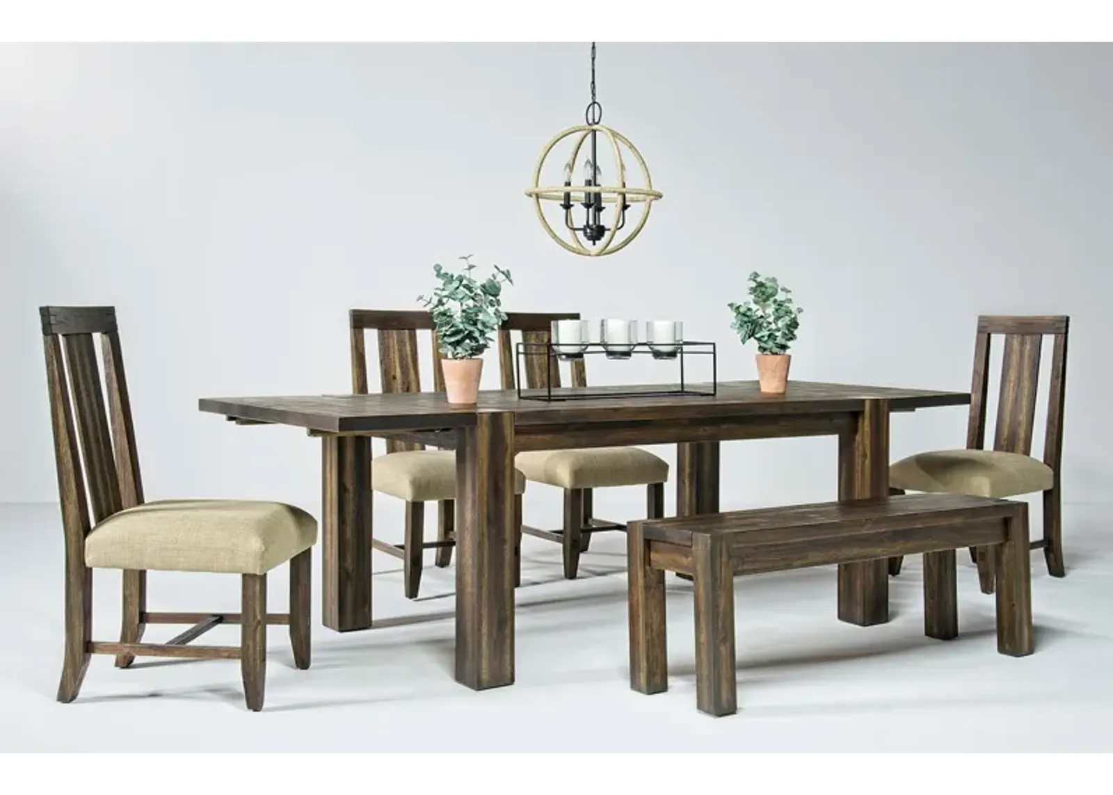 Meadow Extendable Dining Table, 4 Chairs & Bench in Brown