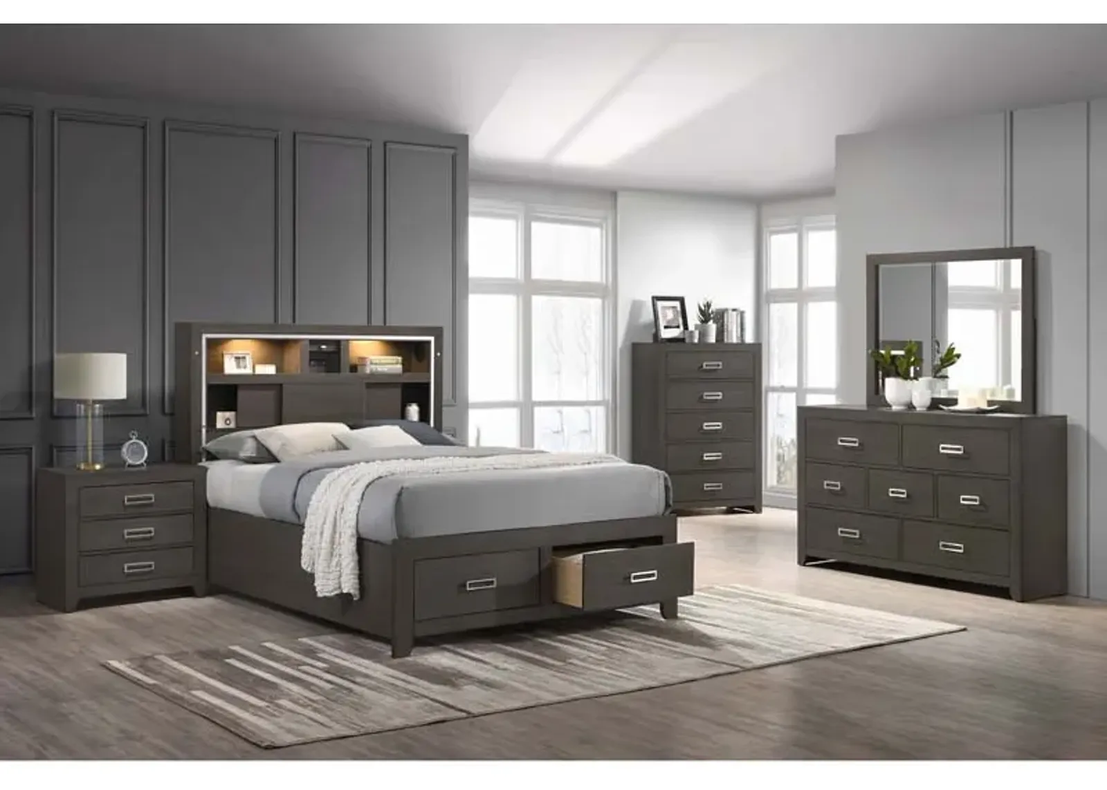 Sasha Platform Bed, Dresser & Mirror in Gray, Queen