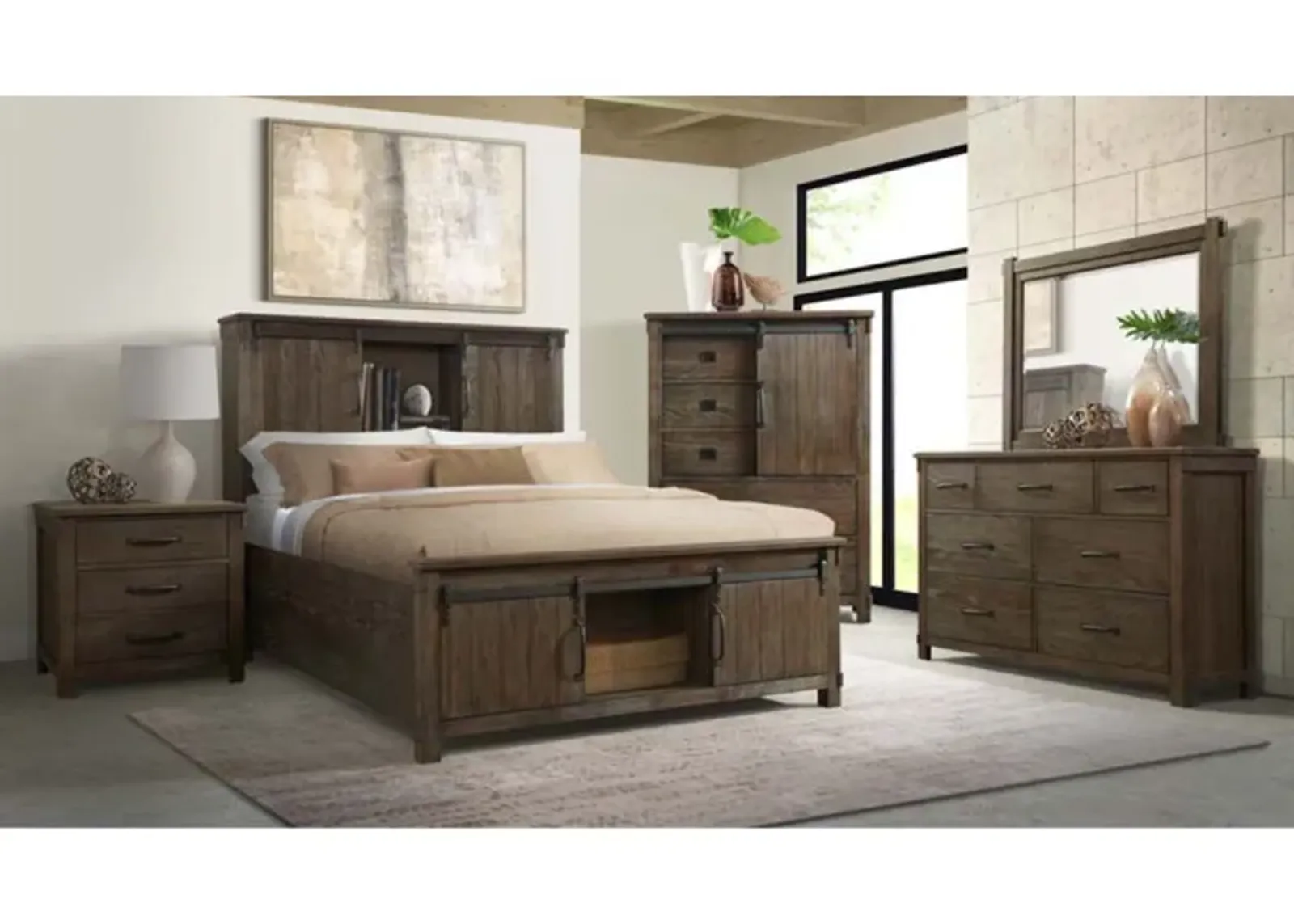 Scott Storage Bed, Dresser, Mirror & Nightstand in Walnut, Queen