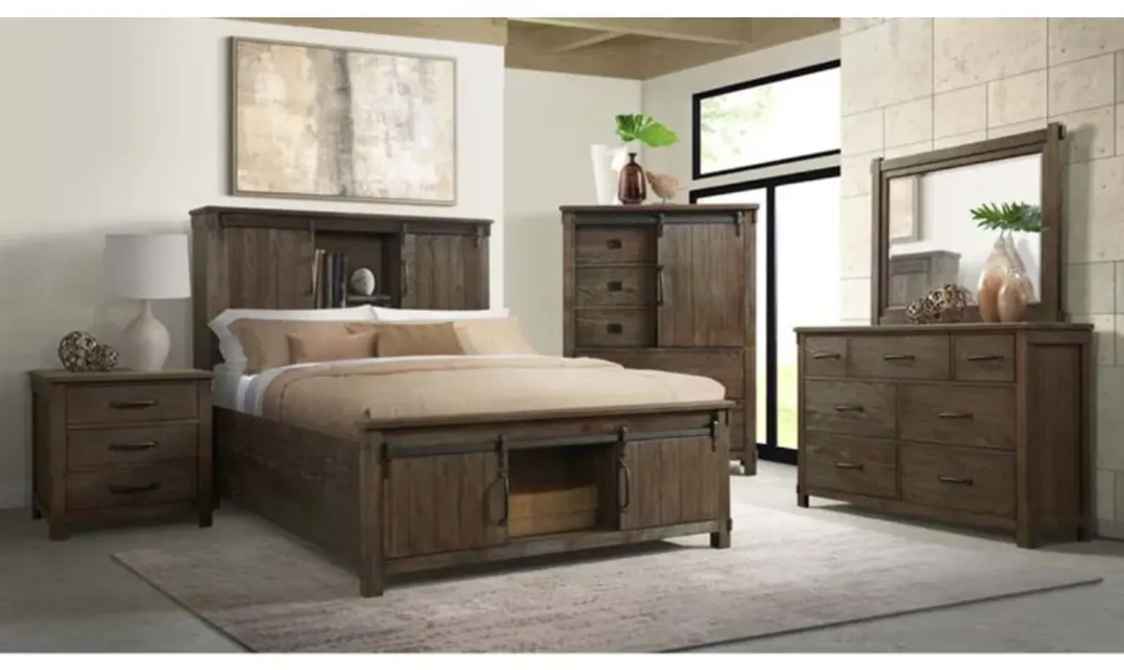 Scott Storage Bed, Dresser, Mirror & Nightstand in Walnut, Queen