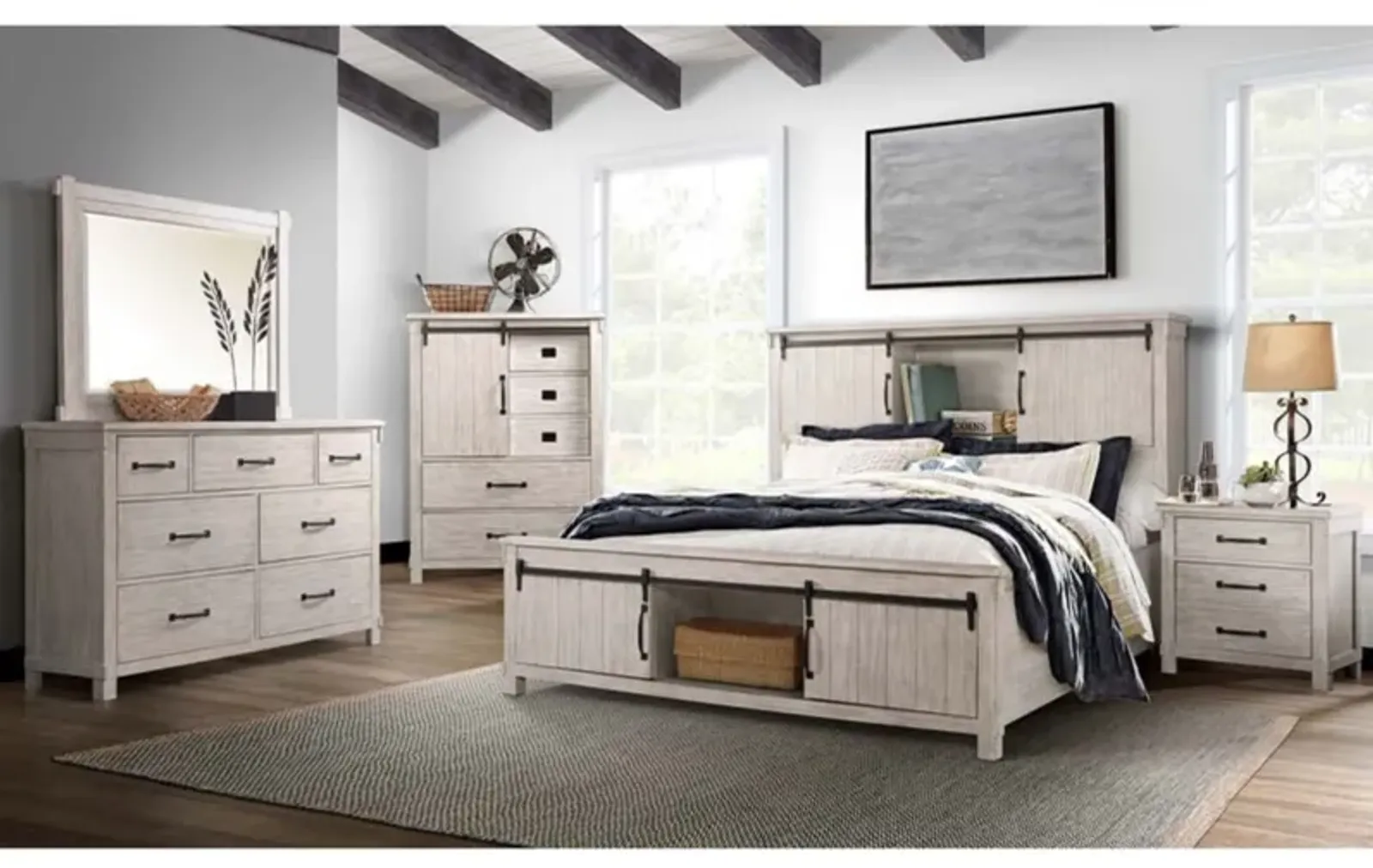 Scott Storage Bed, Dresser & Mirror in White, Eastern King