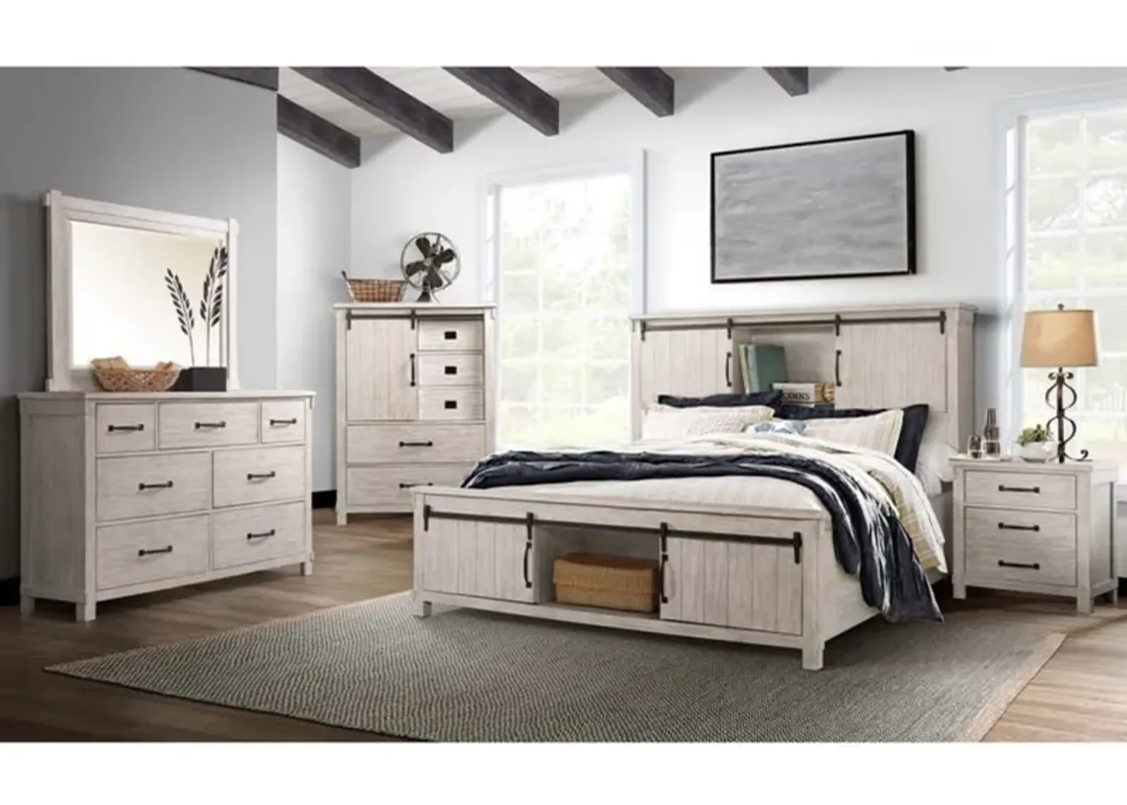 Scott Storage Bed, Dresser, Mirror & Nightstand in White, Eastern King