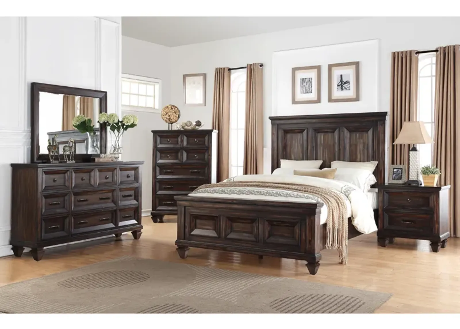 Sevilla Panel Bed, Dresser, Mirror & Nightstand in Walnut, Eastern King