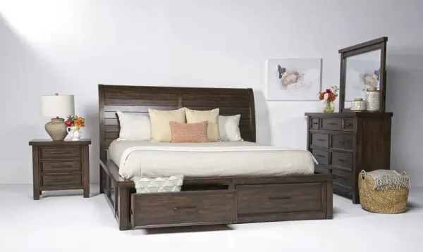 Sonora Sleigh Bed w/ Storage, Dresser, Mirror & Nightstand in Brown, CA King