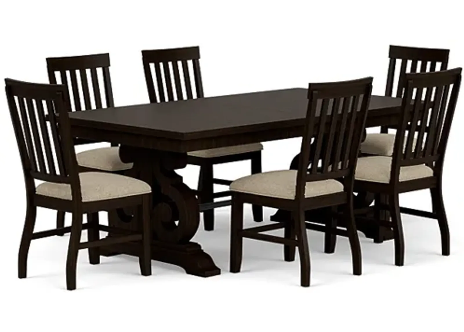 Stone Extendable Dining Table & 6 Chairs in Charcoal, Upholstered Slat