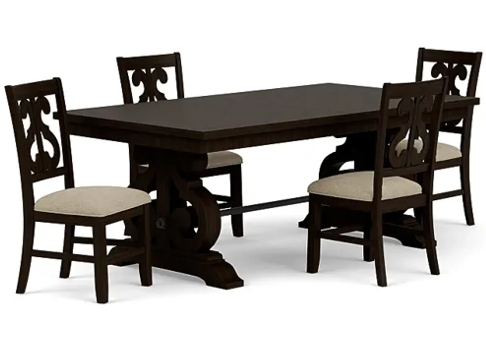 Stone Extendable Dining Table & 4 Chairs in Charcoal, Upholstered Harp