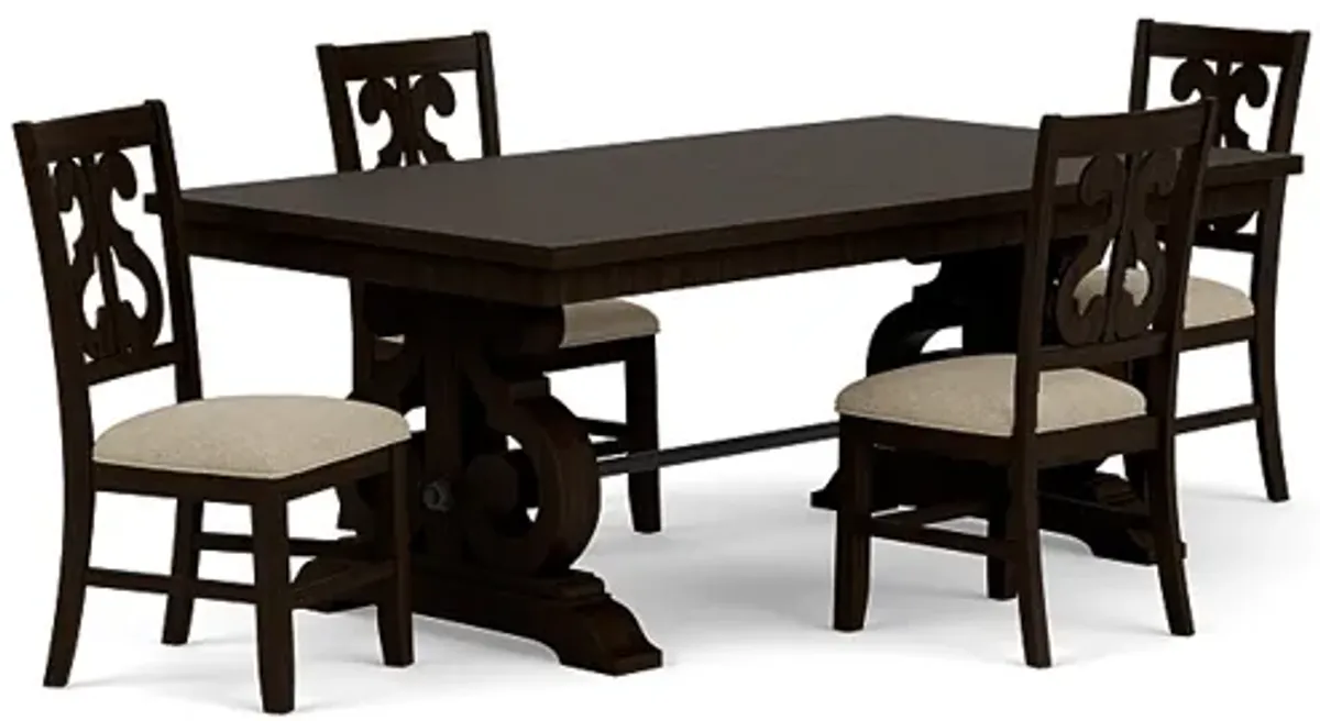 Stone Extendable Dining Table & 4 Chairs in Charcoal, Upholstered Harp