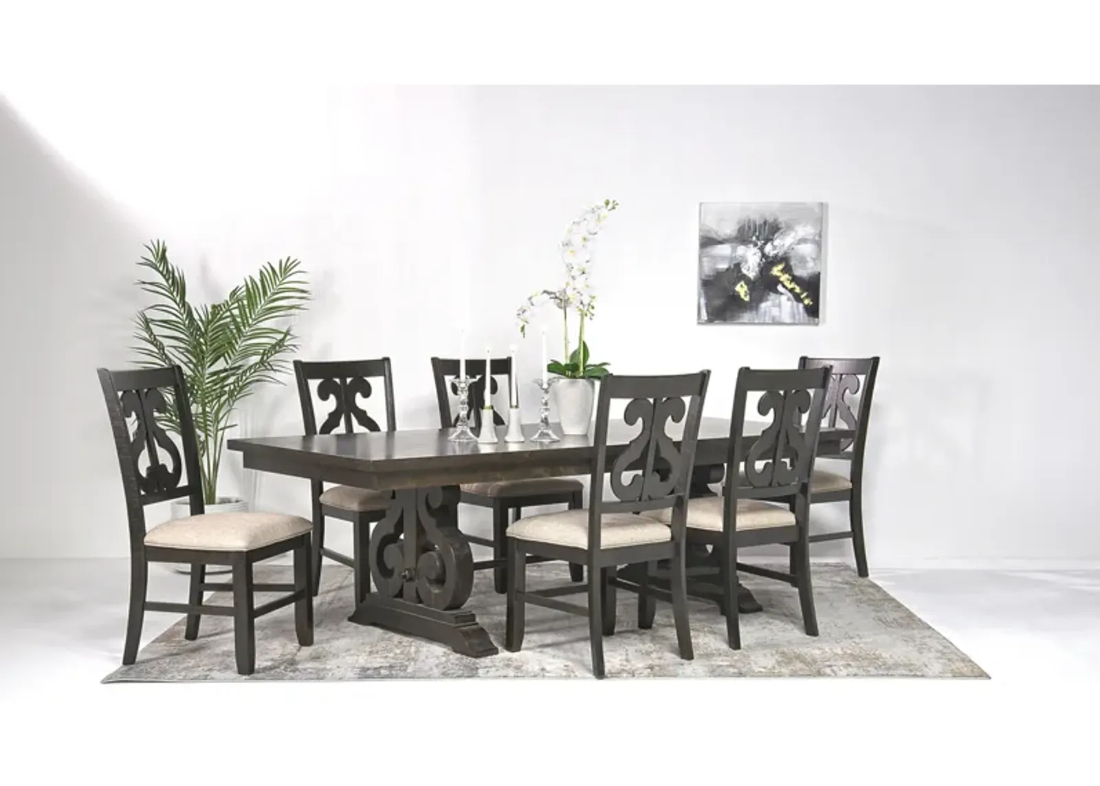 Stone Extendable Dining Table & 6 Chairs in Charcoal, Upholstered Harp