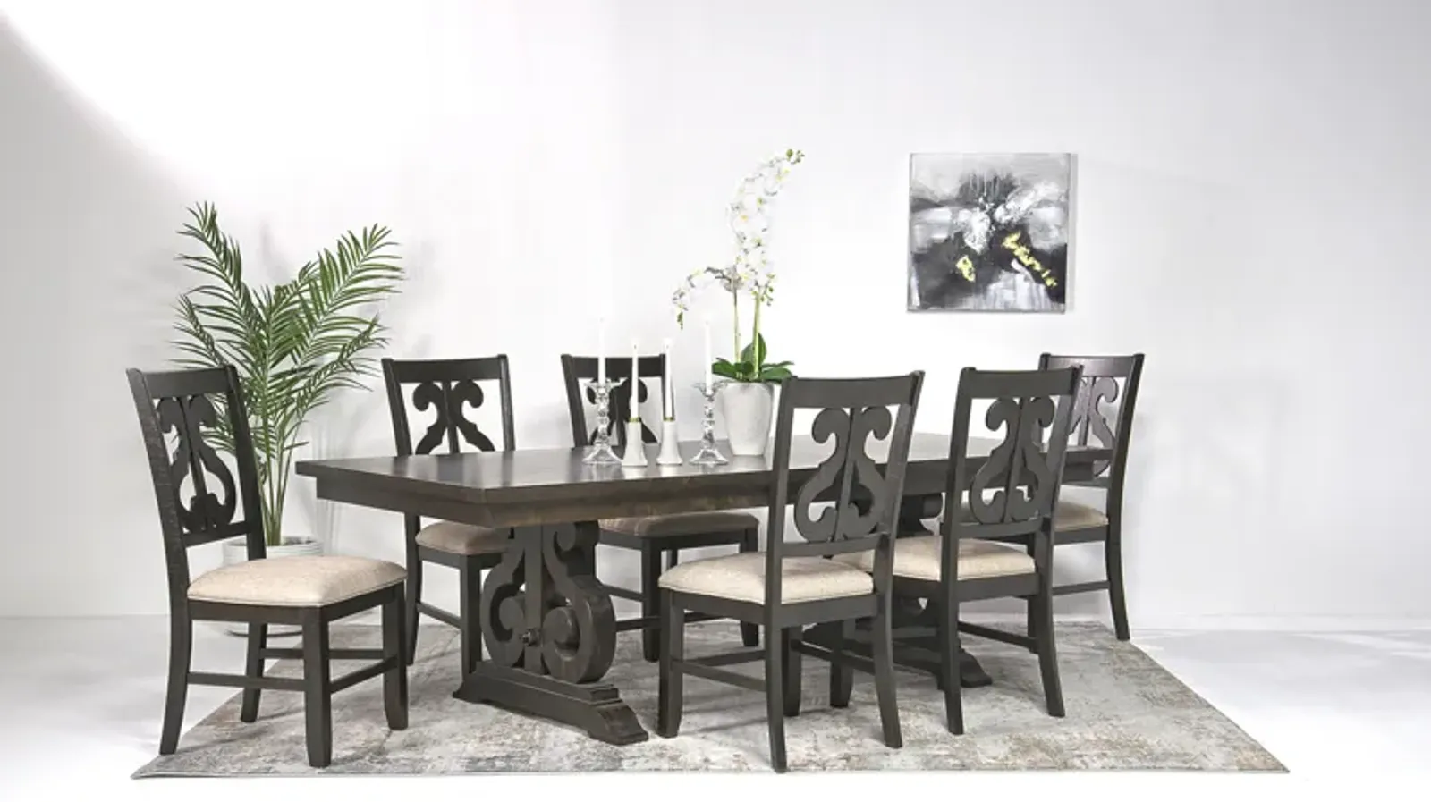 Stone Extendable Dining Table & 6 Chairs in Charcoal, Upholstered Harp