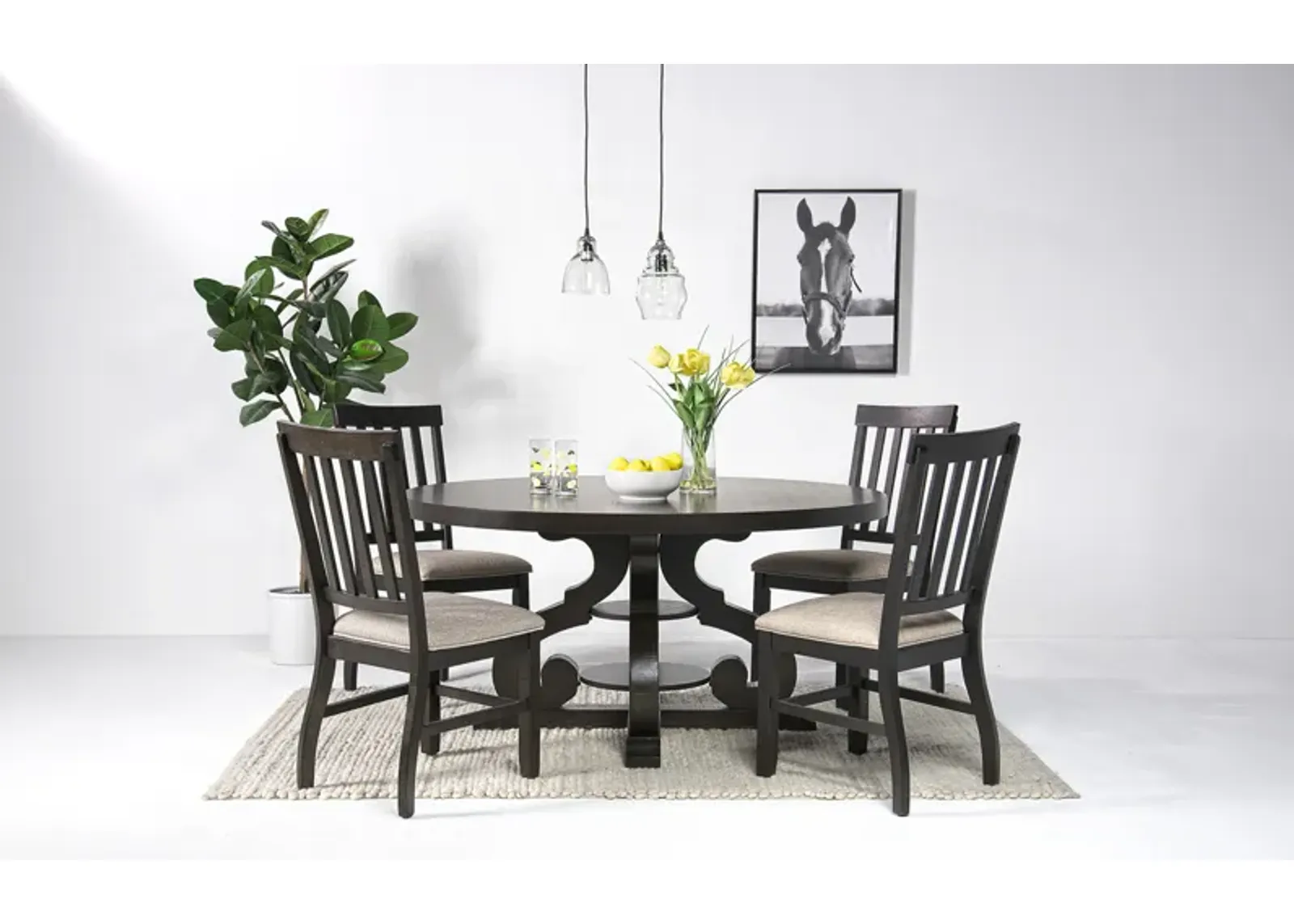 Stone Round Dining Table & 4 Chairs in Charcoal, Upholstered Slat