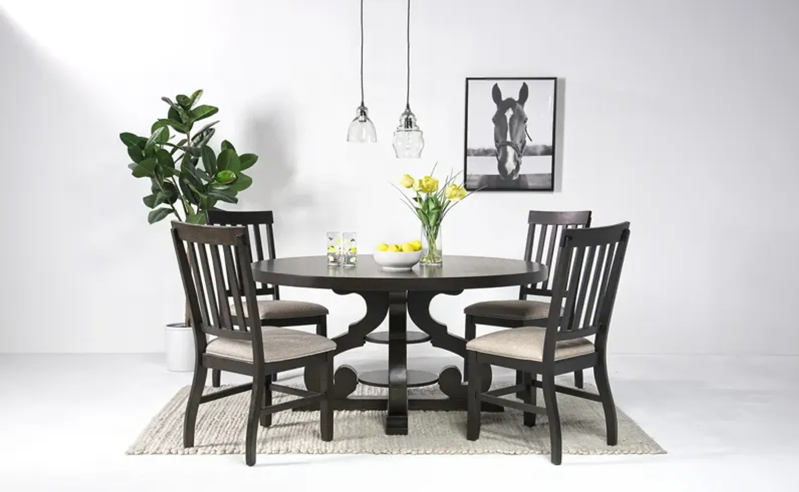 Stone Round Dining Table & 4 Chairs in Charcoal, Upholstered Slat