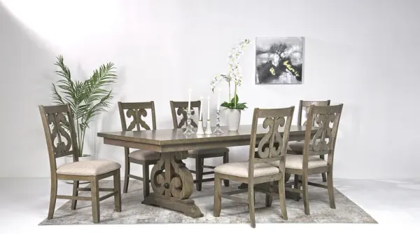 Stone Extendable Dining Table & 6 Chairs in Light Gray, Upholstered Harp