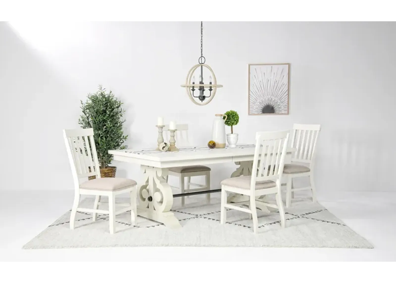 Stone Extendable Dining Table & 4 Chairs in White, Upholstered Slat