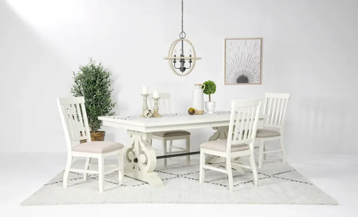 Stone Extendable Dining Table & 4 Chairs in White, Upholstered Slat