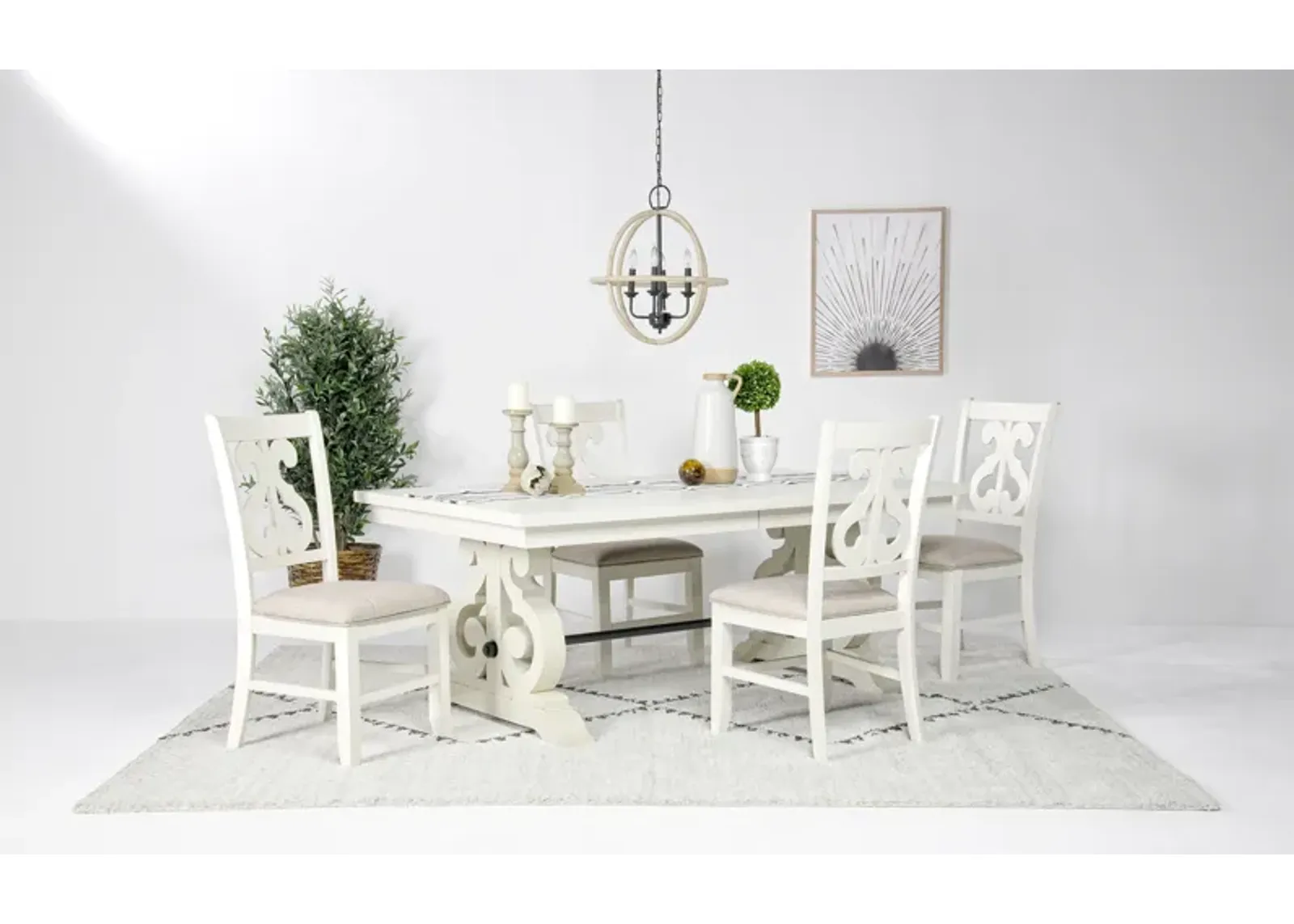 Stone Extendable Dining Table & 4 Chairs in White, Upholstered Harp