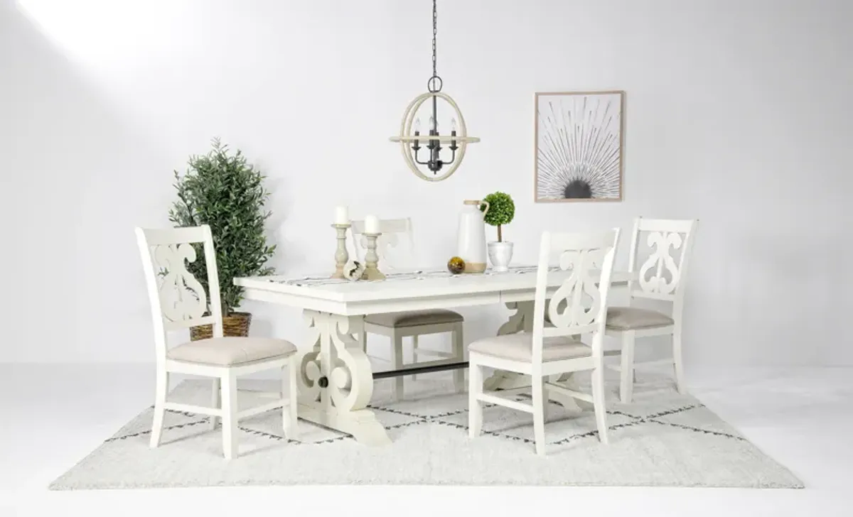 Stone Extendable Dining Table & 4 Chairs in White, Upholstered Harp